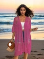 Hot pink lace crochet cardigan for women featuring floral embroidery and beach style - One Size / Rose Red