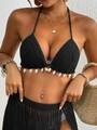 Schwarzes Häkel-Bikini-Set im Boho-Stil mit Muschel-Details und Fransen-Strandrock - Einheitsgröße / Oberteile / Schwarz