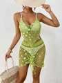 Detail of green crochet beach set with shimmering sequins and drawstring skirt - One Size / Top And Bottom / Green