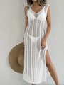 Detailed knit texture of white crochet hollow-out beach cover-up maxi dress with side slit - One Size / Top And Bottom / White