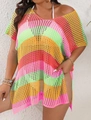 Detalle del vestido de playa de ganchillo a rayas multicolor con textura de malla tejida - Talla única / Rosa