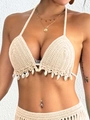 Detail of handmade crochet bikini top featuring authentic seashells and fringe tassels - One Size / Apricot