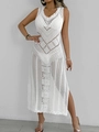 White sleeveless crochet beach cover up dress with geometric cutouts and hollow design - White