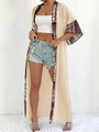 Detail view of bohemian long sun-protective cardigan with ethnic print trim and airy fabric - One Size / Tops / Apricot