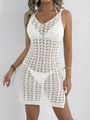 Weißes Häkel-Strandkleid mit V-Ausschnitt und geometrischem Hohlstrickmuster - S / Weiß