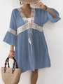 Detailed embroidery and sparkling sequins on blue bohemian dress with lace tassels - One Size / Blue