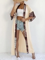 Kimono long bohème pour femme avec patchwork floral et ouverture frontale décontractée - Taille unique / Hauts / Abricot