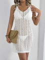 Detail of white hollow crochet halter dress with diamond knit texture for beach vacation - S / Tops / White