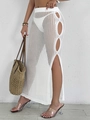 Sexy white crochet knit beach cover-up skirt with side cutout and high slit for women - S / White