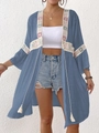 Boho-Strand-Bikini-Überwurf in Staubblau mit feiner Häkelspitze und Quastenbändern - Einheitsgröße / Oberteile / Blau