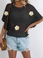 Women's black hollow crochet knit top with loose batwing sleeves for casual summer wear - One Size / Black