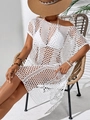 Detailed close-up of white bohemian crochet hollow-out beach cover-up with woven patterns - One Size / White