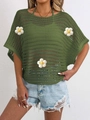 Detail of army green openwork crochet knit blouse featuring white 3D floral appliques - One Size / Army Green