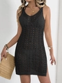 Schwarzes Häkel-Minikleid für Damen mit Neckholder und geometrischen Ausschnitten für den Strand - S / Schwarz