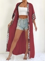 Women bohemian red long sun protection cardigan with floral patchwork and loose sleeves - One Size / Tops / Burgundy