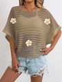 Close-up of khaki open-work knit top with handcrafted white crochet flower detailing - One Size / Khaki