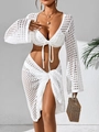 Detail of white crochet knit beach set featuring V-neck wrap top and slit skirt cover-up - One Size / Top And Bottom / White