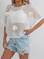 Detailed knit texture of white crochet hollow top with yellow 3D daisy floral appliques - One Size / White