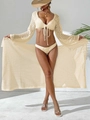 Three-piece beige crochet beach set featuring hollow out lace cardigan and tie-up top - One Size / Top And Bottom / Apricot