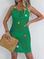 Close-up detail of green crochet dress featuring colorful 3D flower floral appliques - S / Top And Bottom / Green