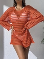 Dettaglio del motivo all'uncinetto arancione sul copricostume da spiaggia in maglia a maniche lunghe - S / Arancione