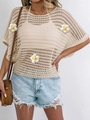 Detail of beige hollow crochet knit top featuring 3D floral appliqués and geometric patterns - One Size / Apricot