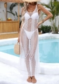 Detail of white crochet knit pattern and intricate diamond hollow design on beach maxi dress - Tops / White