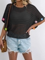 Detail of crochet mesh top featuring colorful handmade 3D floral appliqués on the sleeves - One Size / Tops / Black (6 Flowers)