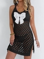 Detail of crochet hollow out mini dress with large white lace butterfly appliqué - S / Black