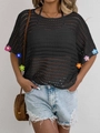Haut en crochet noir pour femmes avec fleurs 3D colorées sur les manches chauve-souris - Taille unique / Noir