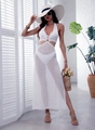 Detail view of the white crochet knit hollow-out beach cover-up with O-ring waist detail - S / Top And Bottom / White