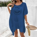 Detail of blue crochet mandala pattern beach cover-up with elastic ruffled sleeves - One Size / Blue