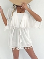 Detail of white chiffon beach cover-up featuring fringe tassels and waist drawstring cord - L / Tops / White