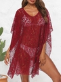Close-up of wine red lace beach cover-up featuring hollow floral crochet and V-neck - One Size / Burgundy