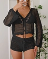 Vue détaillée de la texture et du motif du tricot au crochet noir sur le cardigan à manches - Taille unique / Noir