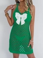 Detail of green crochet beach cover-up featuring a white lace butterfly applique design - S / Green