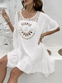 Detailed close-up of intricate circular crochet pattern on a white boho beach cover-up - One Size / White