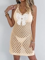 Detailed view of white lace butterfly applique on apricot crochet beach mini dress - S / Apricot