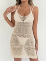 Detailed close-up of cream crochet knit dress featuring geometric patterns and deep V-neck - One Size / Apricot