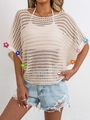 Gros plan du haut en maille crochet beige avec fleurs 3D colorées et manches chauve-souris - Taille unique / Abricot