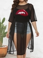 Women black sheer mesh T-shirt dress with sequin red lip pattern and side slit - 1XL / Tops / Black (Red Lip)