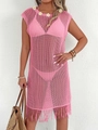 Pink knit hollow-out beach cover-up dress with 3D flower accents and fringe hem - 5 Flowers Style / Pink