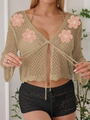 Häkel-Strand-Oberteil mit langen Schlagärmeln und 3D-Blumenstickerei in Boho-Stil - Einheitsgröße / Khaki