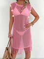 Detail of pink crochet beach cover-up featuring white floral appliques and fringe hem - One Size / Tops / Pink
