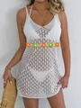 Sleeveless white crochet V-neck beach cover-up dress with geometric knit patterns - S / Top And Bottom / White Floral Style