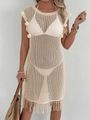 Detail of crochet beach cover-up featuring 3D daisy flowers and bohemian fringe hem - One Size / Tops / Apricot