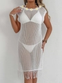 White crochet beach cover-up with daisy appliques and fringe hem for women vacation - 5 Flowers Style / White