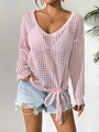 Detail of light pink crochet knit top with hollow-out mesh and front tie-up knot - One Size / Tops / Pink