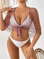 Detail of purple crochet mesh beach cover-up with gold beads and bohemian tie-up front design - One Size / Tops / Purple