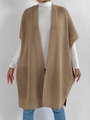 Detail view of khaki knit vest featuring a vertical ribbed texture and side split hemline - One Size / Tops / Camel